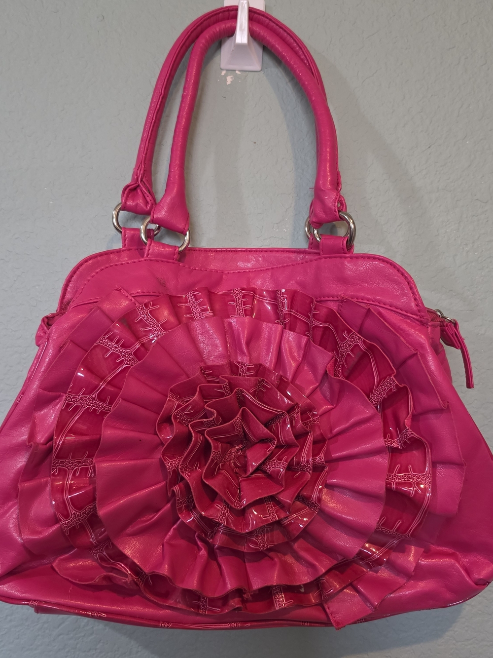 Vtg Y2K Hot Pink Barbie Core Patent Rosette Flower Shoulder Bag Handbag Purse